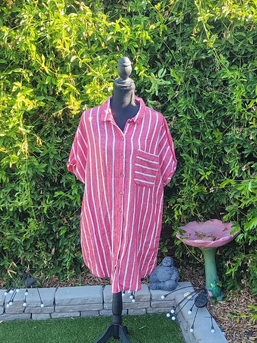 Relaxed Fit Red & White Striped 100% Cotton Button-Down Shirt Dress L